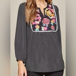 Savanna Jane Black Polka Dot Top with Colorful Embroidery